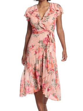 London Times Pink Floral ruffled Wrap Dress
